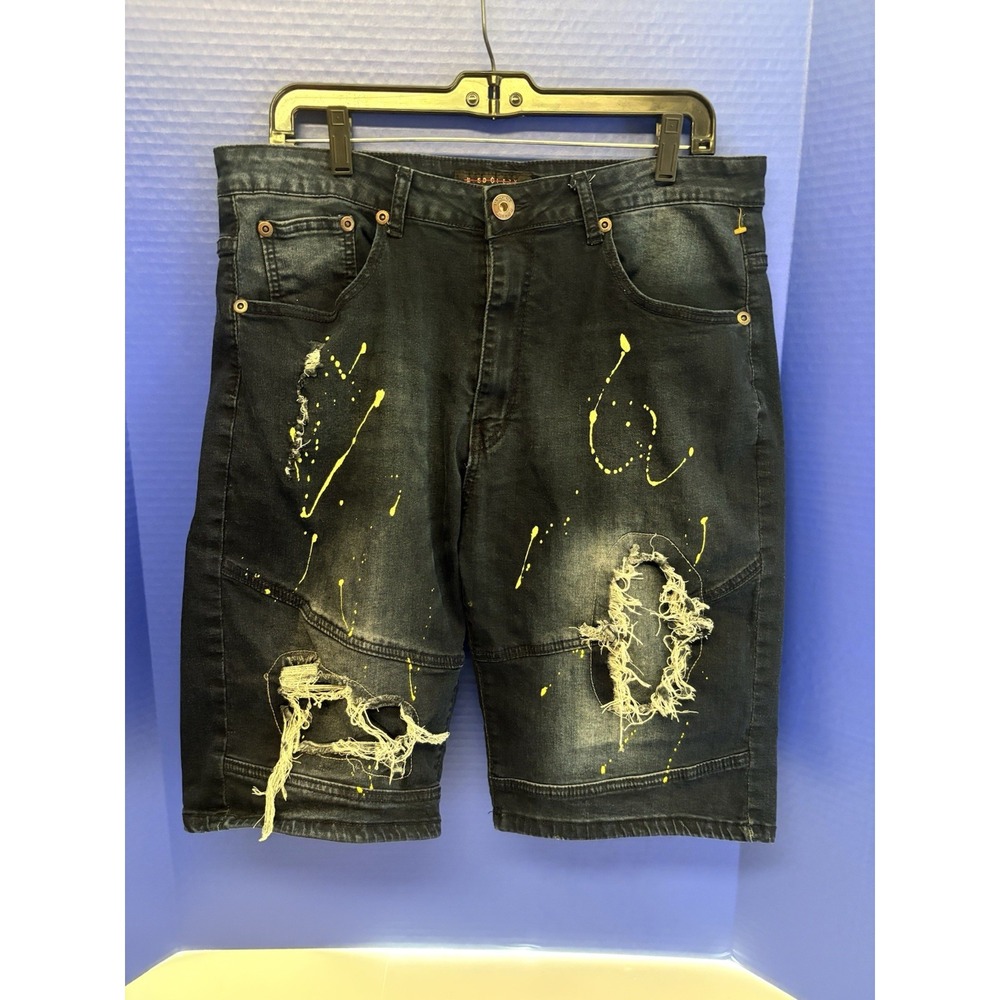 M. SOCIETY Denim Shorts Men's 38 Distressed Paint Splatter‎ Ripped Y2K Grunge